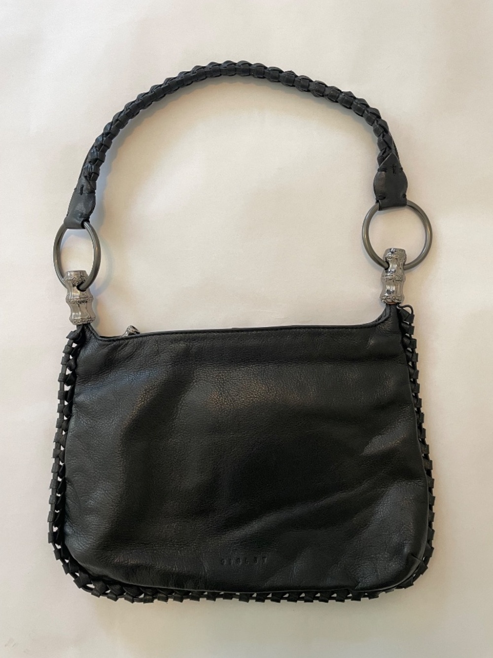 Sisley Black Leather Shoulder Hobo Bag, Silver Bamboo Hardware, Braided Cord